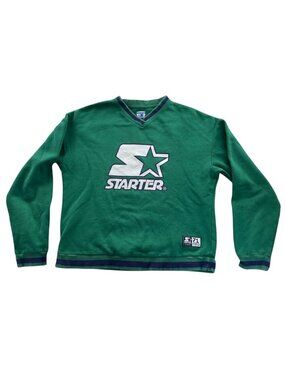 Starter Mens Sweatshirt Small Green Pullover V-Neck Pullover Graphic Print Top